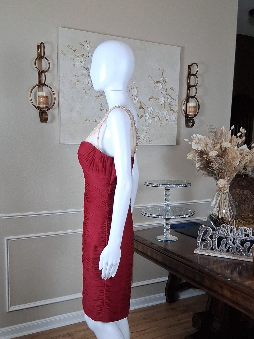 Adrianna Papell Deep Red Beaded Illusion Neck Cocktail Pleated Dress Medium - Picture 10 of 16